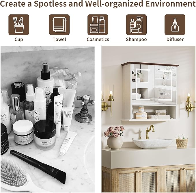 Bathroom Medicine Cabinet with Mirror, Lighted Storage Cabinet Wall Mounted with Doors & Adjustable Wood Shelf, Modern Bathroom Mirror with LED Lights Defogger for Makeup Laundry/Living Room, White