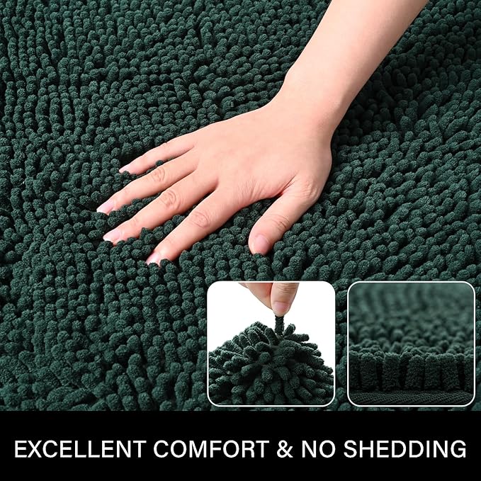 LOCHAS Luxury Bathroom Rug Shaggy Bath Mat 24 x 48 Inch, Washable Non Slip Bath Rugs for Bathroom Shower, Soft Plush Chenille Absorbent Carpets Mats, Hunter Green
