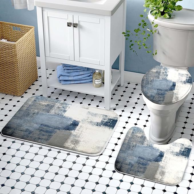 Lnond 4Pcs Grey Bathroom Shower Curtain Sets with Rugs, Blue and Grey Abstract Painting Gray Retro Bathroom Sets with Shower Curtain and Rugs and Accessories