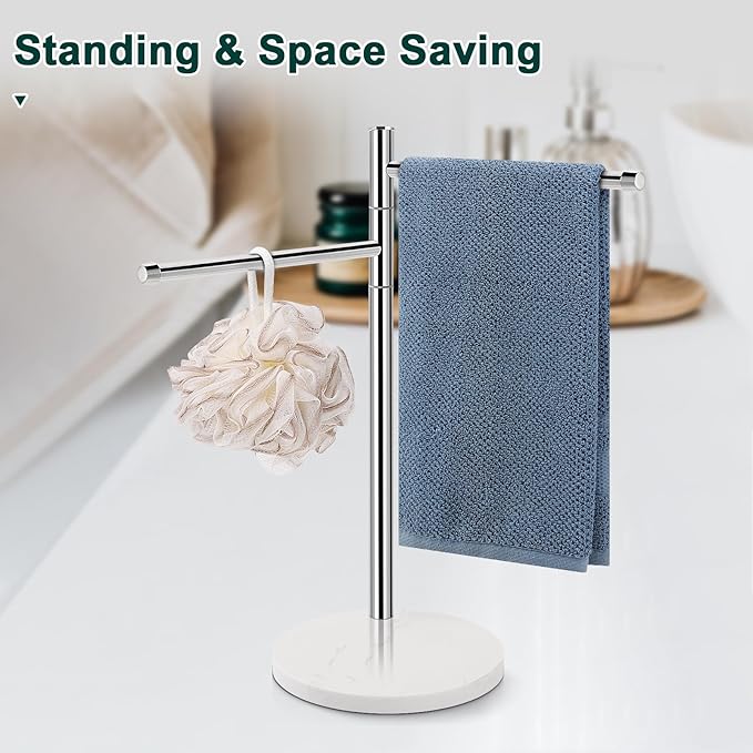 Hand Towel Holder, F-Shape Hand Towel Stand with Marble Base, Stainless Steel Swivel Hand Towel Rack Bar Standing for Bathroom Kitchen Countertop, 2 Arms (Chrome Finish)