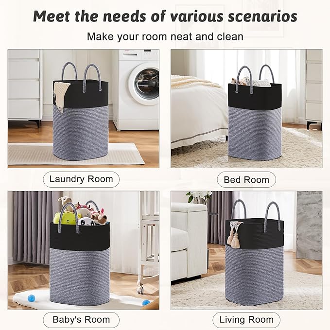 Laundry Basket,Woven Cotton Rope Laundry Hamper,Versatile Storage for Dirty Clothes,Baby Toys,and Blankets in Bathroom, Nursery,and Living Room (Black, 40L)