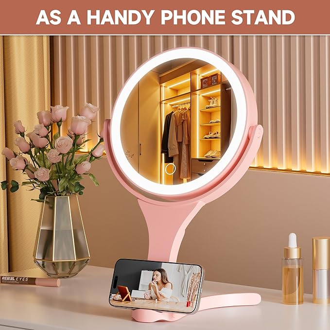 Hasipu Portable Travel Makeup Mirror with Lights – 360° Rotating with 1X/10X Magnifying, Rechargeable Tabletop Handhold Hanging 3 in 1 Mirror (Pink)