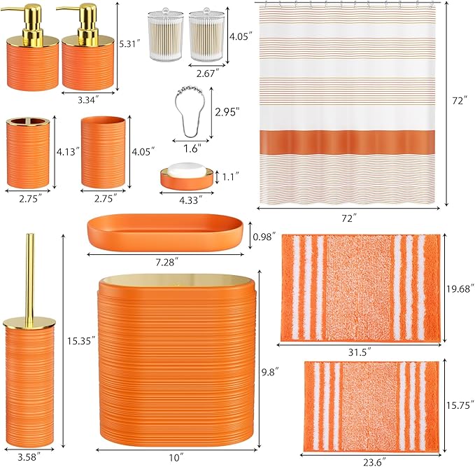 Bathroom Set - Bathroom Sets with Shower Curtain and Rugs, 25PC Bathroom Accessory Set, Orange Bathroom Accessories Set with Trash Can, Soap Dispensers