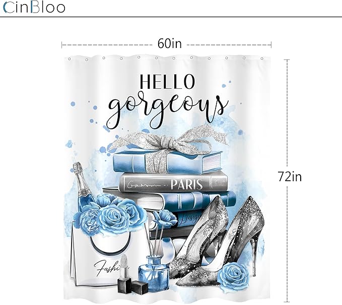 Cinbloo Girly Blue Shower Curtain 60Wx72H Silver Fashion Shower Curtain Women Girls Gray Teal Flower Perfume Bathroom Curtain Set High Heels Magazine Books Floral Bathroom Decor Fabric with 12 Hooks