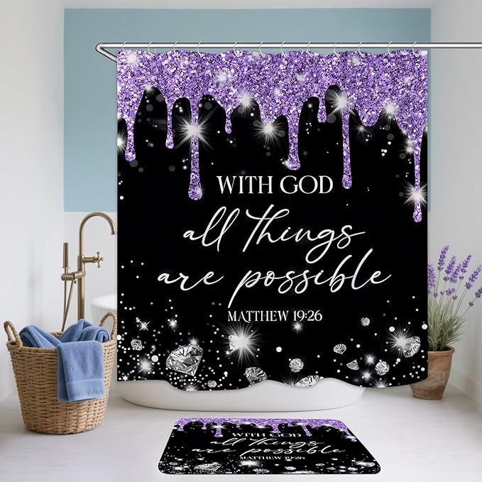 4 Pcs Black Purple Diamonds Shower Curtain Set with Rugs and Toilet Lid Cover, Black White Bible Verse Waterproof Fabric Bathroom Set, Christian Scripture Shower Curtain Bathroom Decor Set Accessories