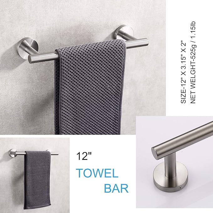 TASTOS 12 Inch Single Towel Bar Rack, Brushed Nickel, SUS 304 Stainless Steel Round Bathroom Towel Bar, Heavy Duty Towel Holder, Kitchen Towel Rod, Wall Mount with Screws