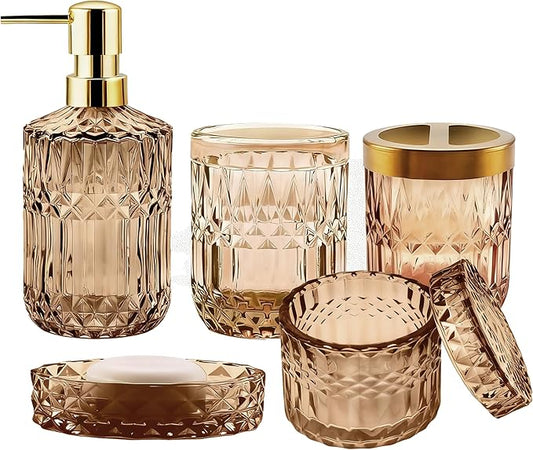 5Pcs Brown Bathroom Accessories Set, Glass Bathroom Accessories, Vintage Bathroom Countertop Decoration Includes Soap Dispenser, Toothbrush Holder, Qtip Holder,Soap Dish and Rinsing Cup