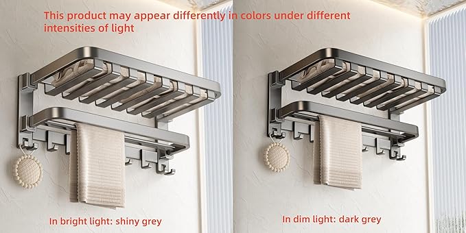 VOLPONE Bathroom Towel Rack with Double Towel Bar Foldable Towel Shelf Wall Mounted Towel Storage with Hooks No Assembly Required 24Inch Matte Grey