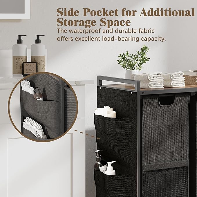 Huhote Laundry Hamper, Laundry Basket, Laundry Sorter with Top Shelf & 3 Removable Washable Bags & Side Pockets for Laundry Room organization, Bathroom and Dorm, Rustic Brown and Black