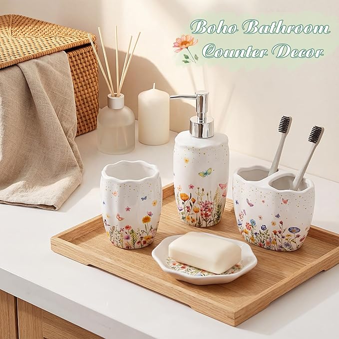 Newtay Ceramic Bathroom Accessories Set of 4, Wildflower Meadow Floral Decor with Butterflies & Gold Speckles, Soap Dispenser Pump, Toothbrush Holder, Tumbler Cup & Soap Dish for Countertop Vanity
