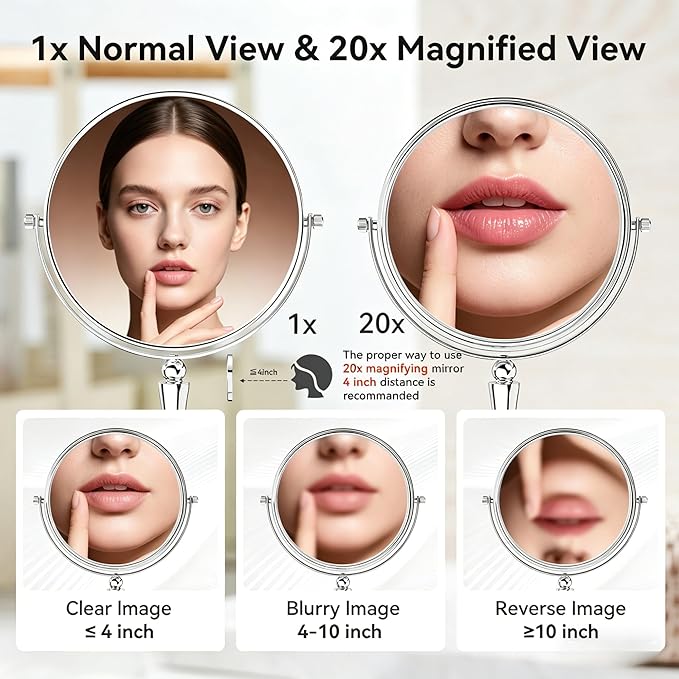 GURUN 8-inch Tabletop Makeup Mirror, 1X/20X Magnifying Vanity Mirror, 360° Rotation Dual-Sided Makeup Mirror, Ideal Gift for Women Chrome Finish M2310(8in,20X)