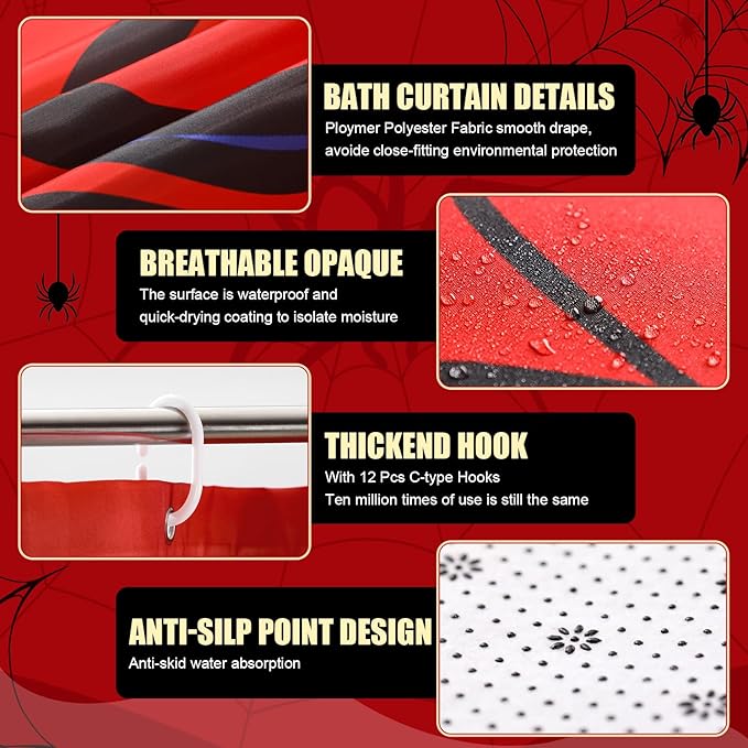 Nuanchu 6 Pcs Spider Shower Curtain Set with Rug Bathroom Sets with Shower Curtain Bath Mat U Shaped Mat Toilet Lid Cover 2 Bath Towels and 12 Hooks Red Black Spider Bathroom Decor