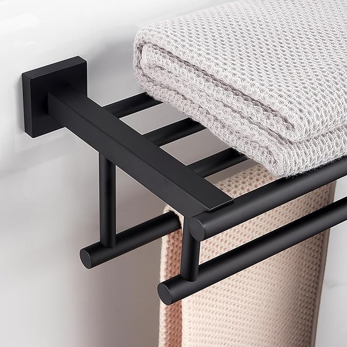 Towel Rack with Shelf 20 Inch Double Towel Racks for Bathroom Matte Black Bath Towel Holder SUS304 Stainless Steel Towel Rack Wall Mounted Modern Towel Hanger