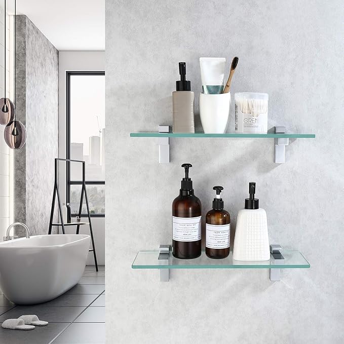 KES 2 Pack Bathroom Shelf with Rectangle Tempered Glass and Polished Chrome Bracket Tempered Glass Rectangular 1 Tier, BGS3201S40-P2+A4126A