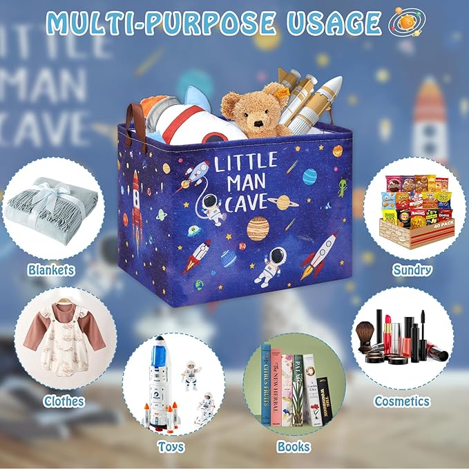 Astronaut Nursery Basket Laundry Hamper,Space Storage Basket with Inspirational Quotes, Planets Boy Room Decor Toy Box, Rectangular Rockets Clothes Book Toy Storage Bin (Blue)