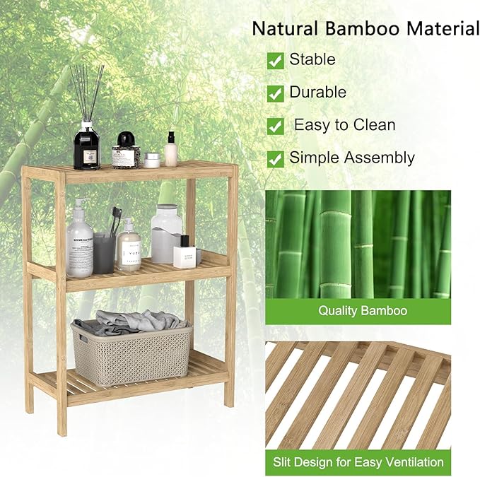 AIIT 3-Tier Bamboo Bathroom Shelf - 26" H Storage Shelves, Narrow Stand Rack Shelving Unit for Living Room Bedroom Kitchen, Nature