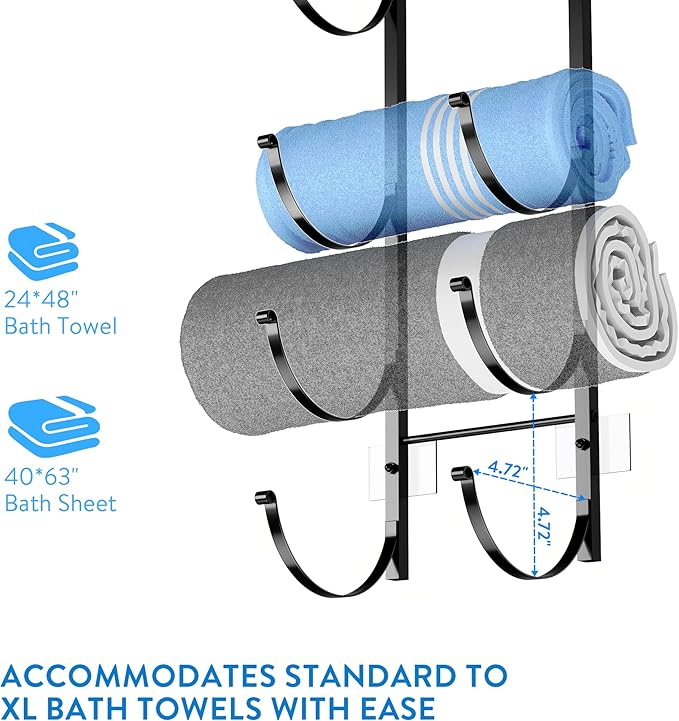 Over The Door Towel Rack, 5-Tier No Drill Towel Storage Organizer with Metal Shelf, Hanging Bath Towel Holder for Small Bathroom, Camper, Rv, Black