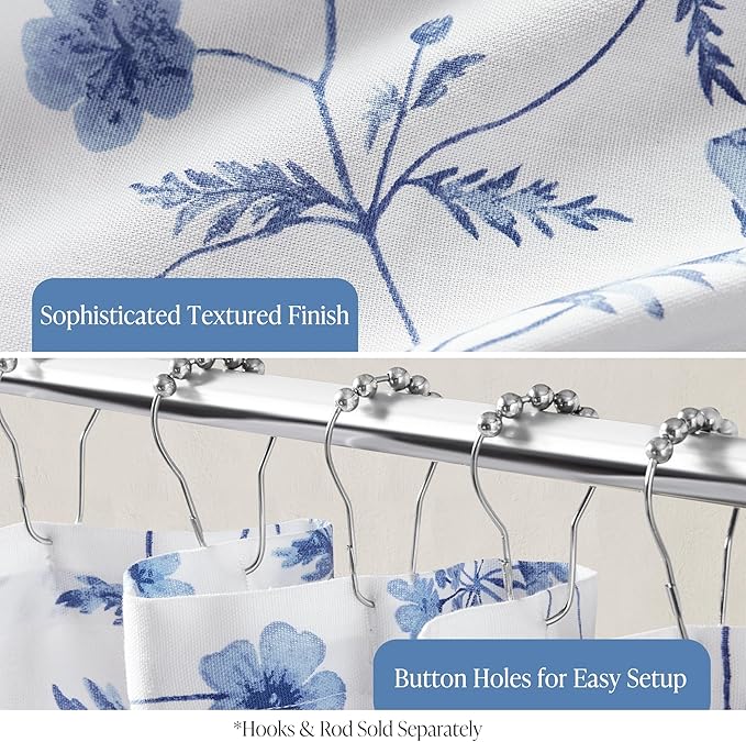 Martha Stewart Martha's Garden Shower Curtain Botanical Floral Print Cotton Shower Curtain for Bathroom, Spa Quality Modern Shower Curtains Standard Size, 72x84 Blue