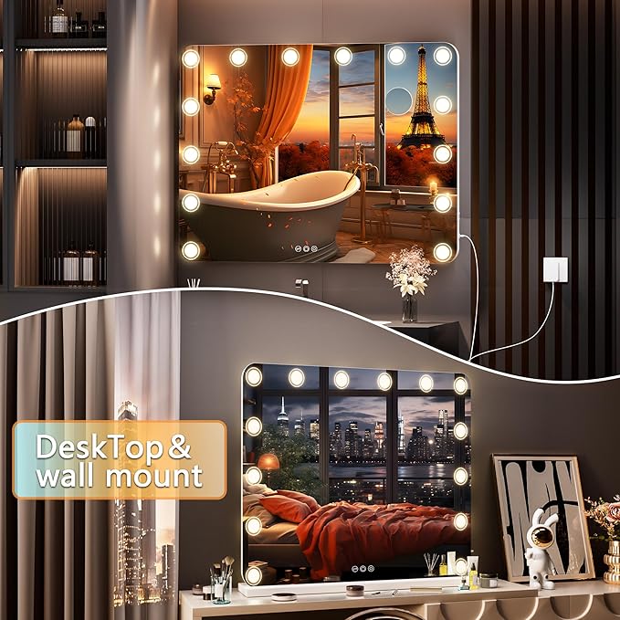 Hasipu Vanity Mirror with Lights, 32" x 24" Makeup Mirror, Light up Mirror with 14 Dimmable LED Lights and 10X Magnification, 3 Colors Modes, Touch Control, USB Charging Port, White (Round)