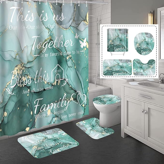juwute 4Pcs Family Marble Shower Curtain Sets with Rugs,Green Home Inspirational Bathroom Decor Set, Bathroom Sets with Shower Curtain and Rugs, Waterproof Bathroom Shower Curtains, with 12 Hooks