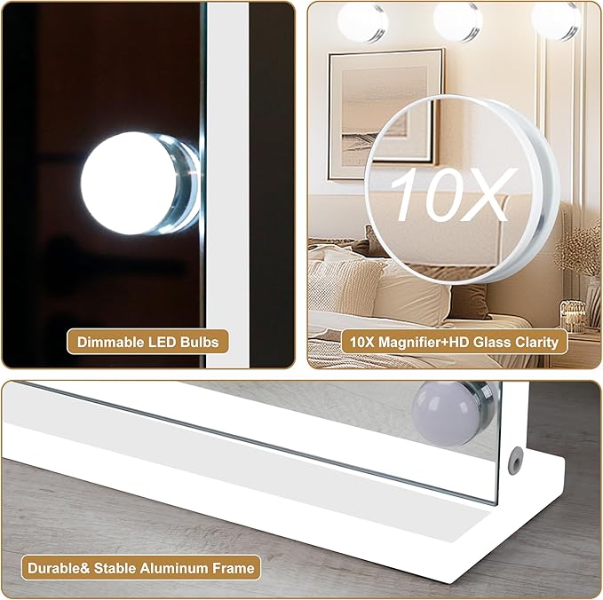 Moonee Vanity Mirror with Lights, Hollywood Lighted Makeup Mirror with 17 Dimmable Bulbs and 10X Magnification, 3 Colors Modes, Aluminum Metal Frame, Light Up Mirror for Tabletop/Wall（26" x 20"）