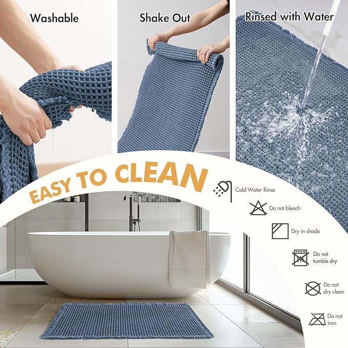 MIULEE Set of 2 Waffle Bathroom Rugs, Boho Bath Rugs Non Slip Washable, Super Absorbent Bath Mats, Ultra Soft Rubber Backed Shower Mats for Bathroom Floor, Tub and Shower, Blue, 18x30 Inch