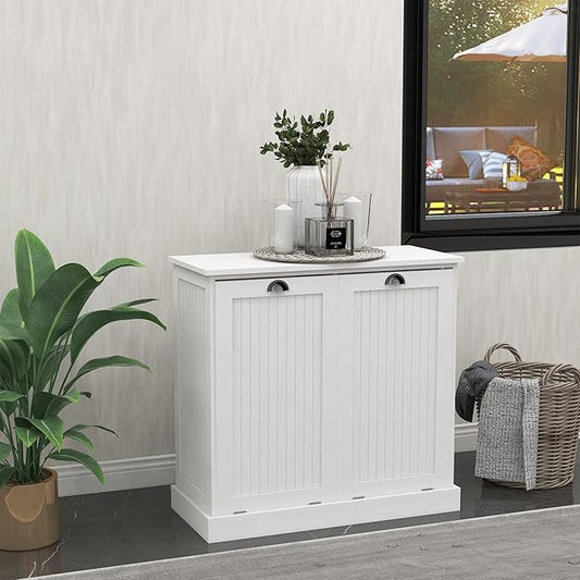 Double Tilt Out Laundry Sorter with Trash Cabinet and Storage - Free Standing, Dog Proof, Recycling, Kitchen Island with Garbage Bin (White)