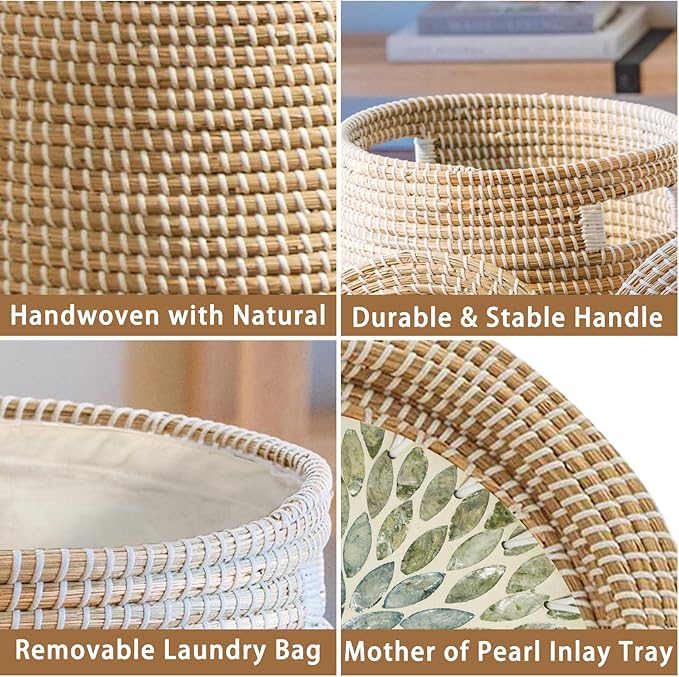 Laundry Hamper(2 Pices) with Lid Handles 14.96Gal & 7.43Gal Seagrass Laundry Hamper Round Decorative Basket Handwoven Rattan Storage Basket with Removable Liner for LivingRoom Bedroom Bathroom