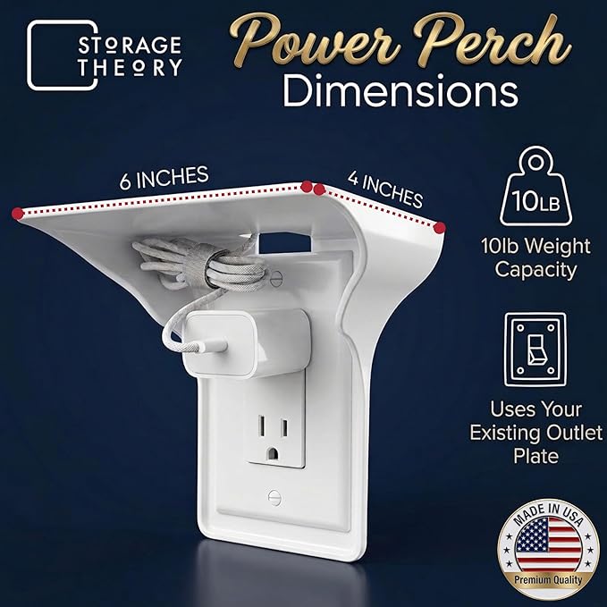 BeraTek Power Perch Wall Outlet Shelf with Cord Storage Strap - Declutter & Reclaim Counter Space - Bathroom Shelf Alexa Holder, Charging Stand, Apple Homepod Mini Wall Mount - White, 1-Pack