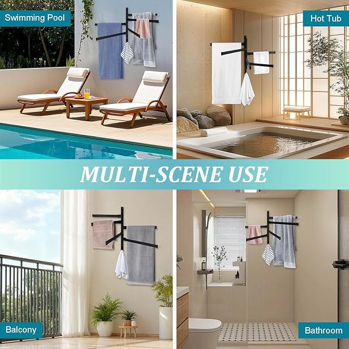 Rotating Pool Towel Rack, 5 Bars Swivel Outdoor Towel Rack with Hook Space Saving Wall Mounted Metal Towel Holder Swing Out Ideal for Pool, Hot Tub,Shower,Balcony