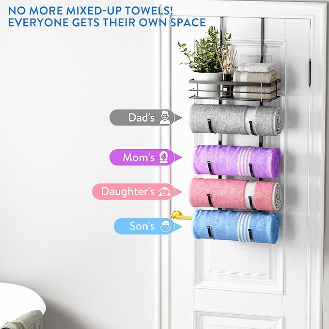 Over The Door Towel Rack, 5-Tier No Drill Towel Storage Organizer with Metal Shelf, Hanging Bath Towel Holder for Small Bathroom, Camper, Rv, Black