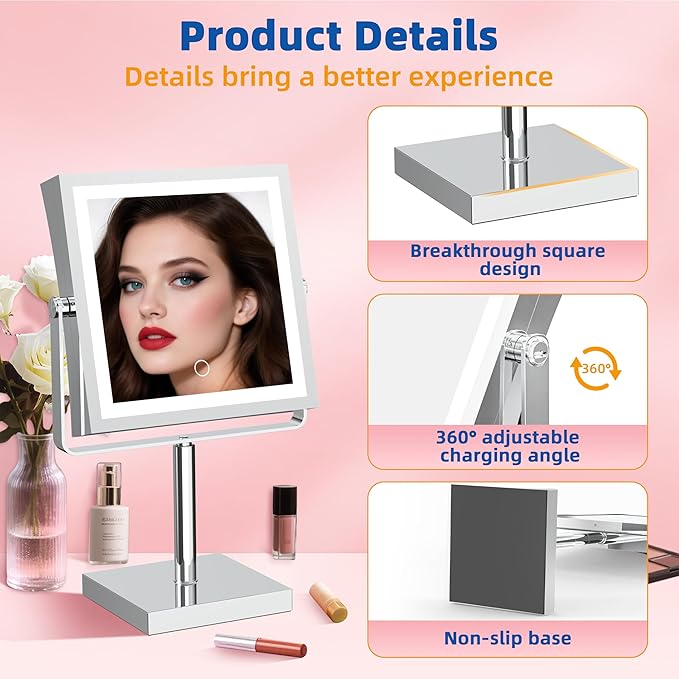 Ruacq Makeup Mirror with Lights, 4000mAh Rechargeable Magnifying Mirror with Light, 1X/10X, Height Adjustable Bathroom Vanity Mirror, 3 Colors, Adjustable Brightness (Chrome)
