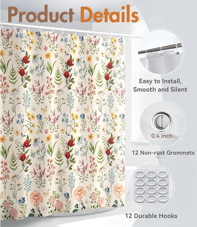 MAMUSE Shower Curtain for Bathroom - Cute Aesthetic Decorative Modern Girly Unique Girls Design Pretty Women Waterproof Fabric Cloth Cortinas de Baño Bathtub 72 x 72 Inch, Plant Flower