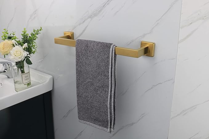 TocTen Bath Towel Rack - Square Base Thicken SUS304 Stainless Steel Towel Bar for Bathroom, Bathroom Accessories Towel Rod Heavy Duty Wall Mounted Towel Holder. (Brushed Gold, 16)