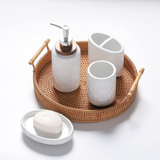 RQYIXI 4 Piece Bathroom Accessories Set, White Ceramic Bath Accessory Set with Wood Accents, Soap Dispenser, Toothbrush Holder, Tumbler and Soap Dish, Elegant Bathroom Countertop Decor