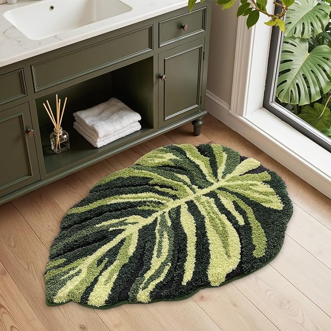LUMI Cute Bathroom Rugs with Green Leaf Plant, Soft, Fluffy, Plush, Absorbent, Quick Dry, Non Slip, Machine Washable for Shower Floor, Bathroom, Bedroom, Kids Room, 32"x48", Dark Monstera