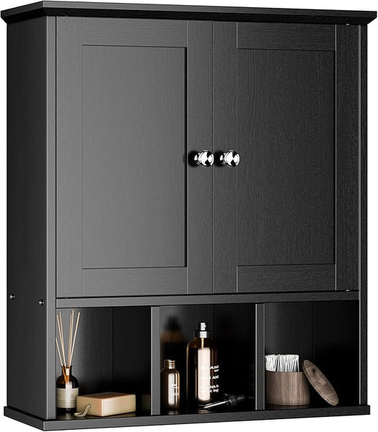 Meilocar Bathroom Wall Cabinet, Bathroom Cabinet Wall Mount with 2 Doors and 3 Open Shelves, Over The Toilet Wood Medicine Cabinets for Laundry Room, Black