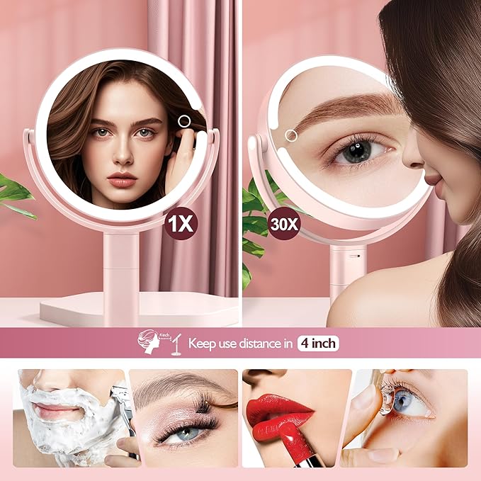 MOMOKUBA Makeup Mirror with Lights, 30X Magnifying & Height Adjustable, Lighted Magnifying Mirror with 3 Light Modes and Stepless Dimming, Vanity Mirrors for Bathroom, Birthday Gift for Women, Pink