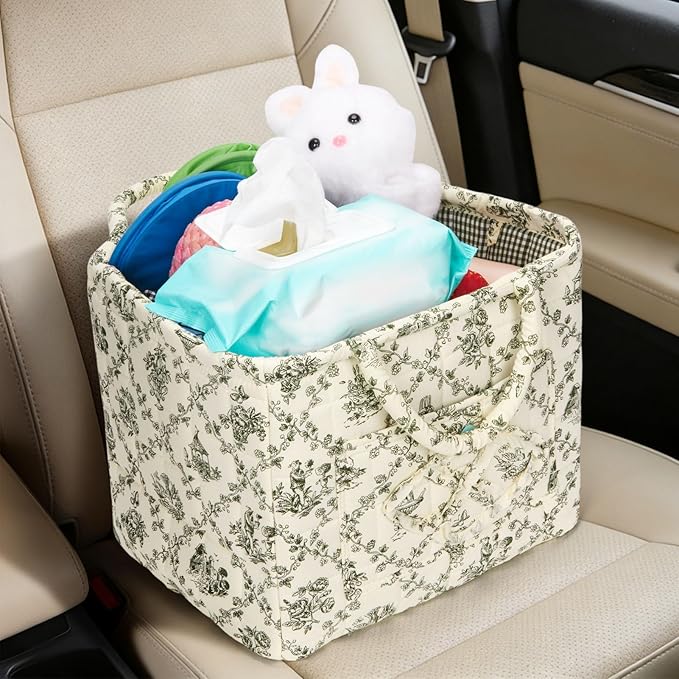 Quilted Fabric Basket Car Storage Basket Boho Floral Laundry Hamper for Nursery Bedroom & Living Room | Organize Clothes Toys