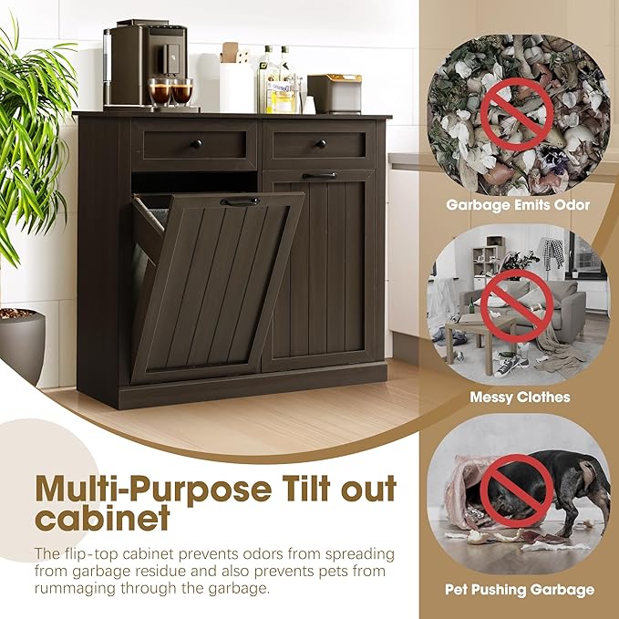 Grepatio Tilt Out Laundry Hamper Cabinet, 22 Gallon Double Laundry Hamper Cabinets, Wooden Trash Can Cabinet with 2 Drawers, Hidden Garbage Can for Bathroom, Kitchen, Living Room (Greyish Black)