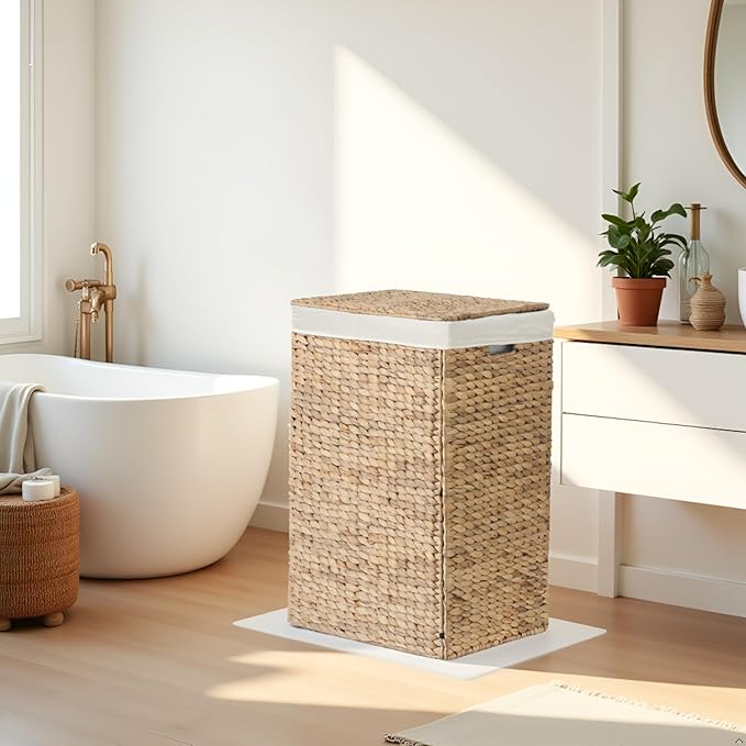 Nivora Water Hyacinth Laundry Hamper Brown 15 x 11.8 x 24 Inches - 64 Liters/18 Gallons with Removable Liner - Woven Organizer for Dirty Clothes, Bedroom Laundry, or Bathroom Towel Storage