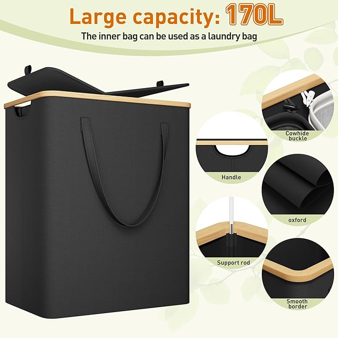 170L Laundry Hamper with Lid 3 Section, Extra Large Laundry Basket with 3 Removable Bags, Laundry Basket Organizer for Bedroom, Laundry Room, Dorm, Clothes Hamper, Black
