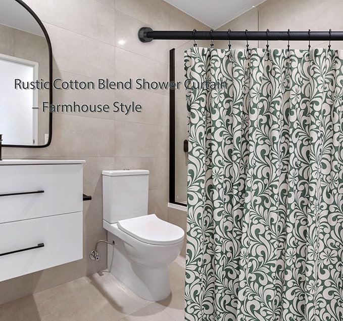 Farmhouse Green Floral Shower Curtain - 72x72 Inches, Cotton Blend Fabric, Breathable & Washable, for Bathroom Decor (Hooks/Liner Not Included)