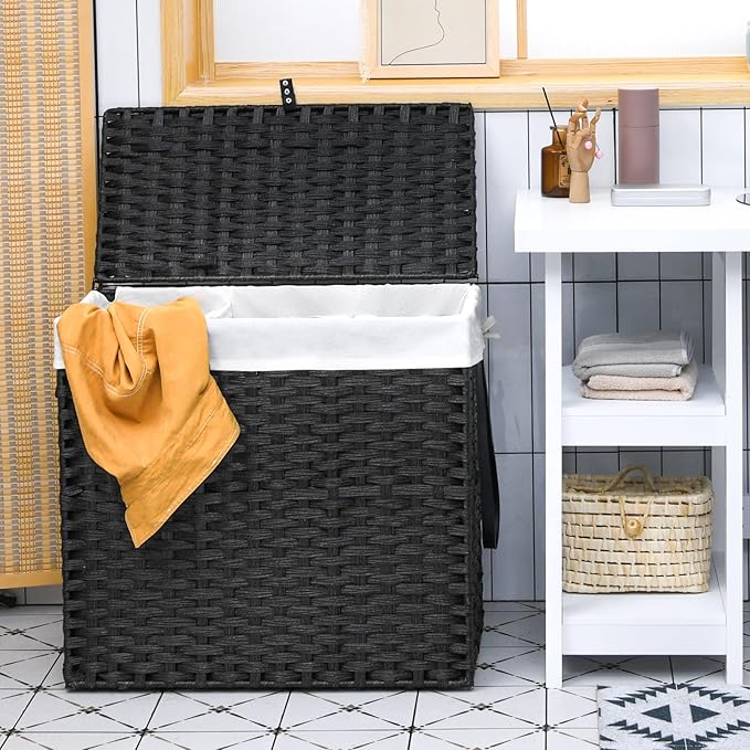 Giantex Laundry Hamper with Wheels and Lid, 125L Rattan Clothes Hamper with 2 Removable Liner Bags & Handle, 3-Section Foldable Laundry Sorter, Rolling Wicker Laundry Basket for Bathroom(Black)