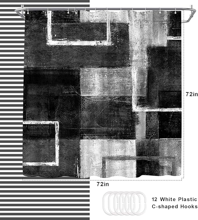 WELMECO Abstract Black Shower Curtain Geometric Shower Curtain Bathroom Decor Polyester Fabric 72x72inch (Black)