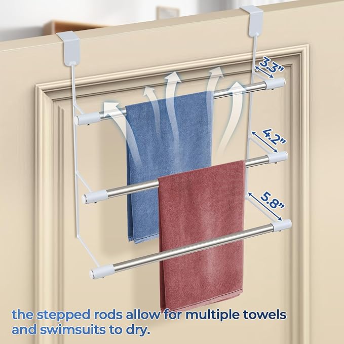 Over The Door Towel Rack, 3-Tier Space Saver for Bathroom & Bedroom, No Drill Hanging Holder for Towels, Robes, Clothes, Perfect for Apartments, Dorms, Renters
