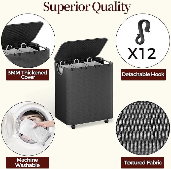 LAMU 145L Laundry Hamper with Wheels, Rolling Laundry Basket with Lid and 3 Removable Laundry Bag, Sturdy Large Capacity 3 Section Dirty Clothes Hamper for Laundry Room, Bedroom, Bathroom, Dorm, Black