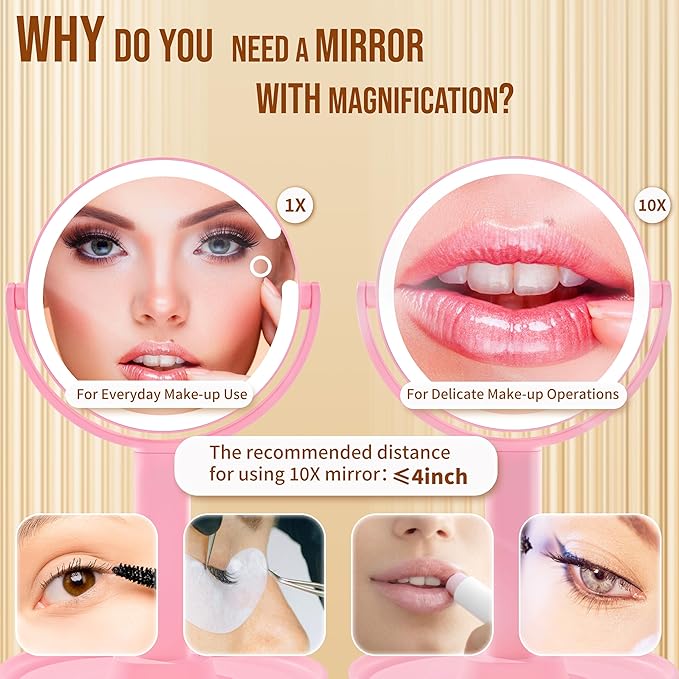 vpu Vanity Makeup Mirror with Lights, 10X/1X Double Sided Magnifying Light up Desk Mirror with Stand Cosmetic Organizer, 3 Color Brightness Adjustable 360° Rotation Detachable for Travel