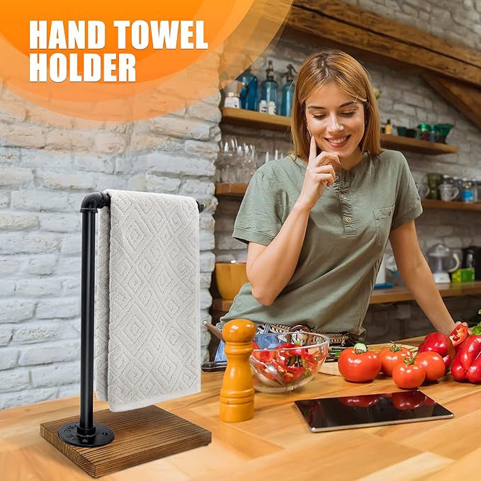 15'' Hand Towel Holder, L Shaped Towel Holder Stand with Weighted Base, Black Hand Towel Stand for Bathroom Kitchen Countertop