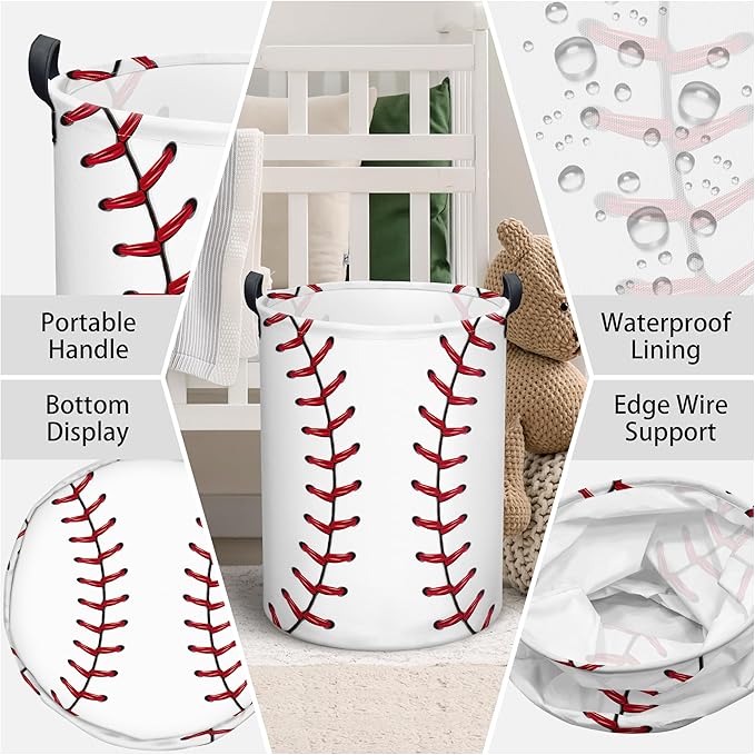 Baseball Laundry Basket, Collapsible Waterproof Oxford Cloth Laundry Hamper, Funny Round Kids Toys Storage Basket as Room Decor, Dirty Clothes Hamper for Bedroom Bathroom Dorm